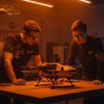 Dos jóvenes creadores trabajando en una avanzada máquina FPV militar, destacando innovación en drones y manufactura nacional para defensa en EE.UU.