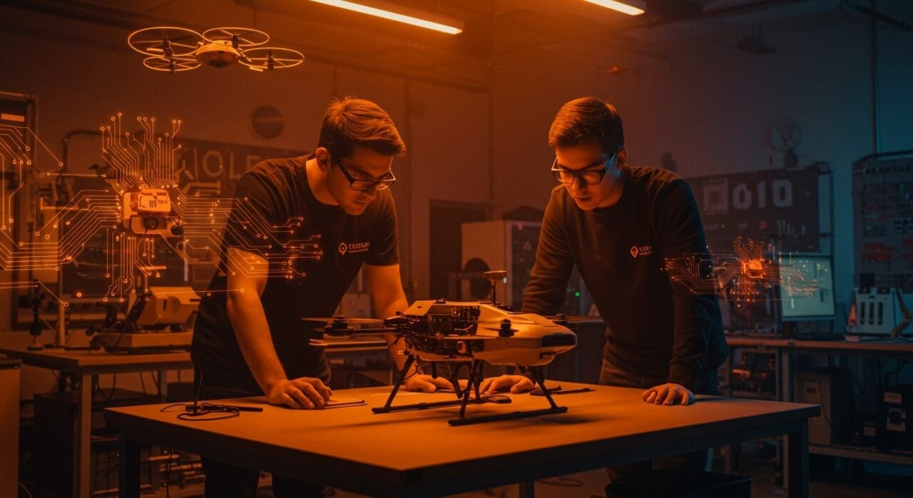 Dos jóvenes creadores trabajando en una avanzada máquina FPV militar, destacando innovación en drones y manufactura nacional para defensa en EE.UU.