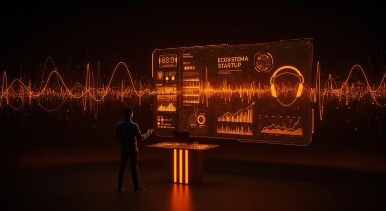 Fundador de startup innovadora en protección auditiva con gráficos de crecimiento y símbolos de branding internacional en estilo editorial.