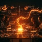 Grupo de emprendedores colaborando con modelos matemáticos de complejidad Rademacher y competencia grupal para optimizar cooperación en startups.