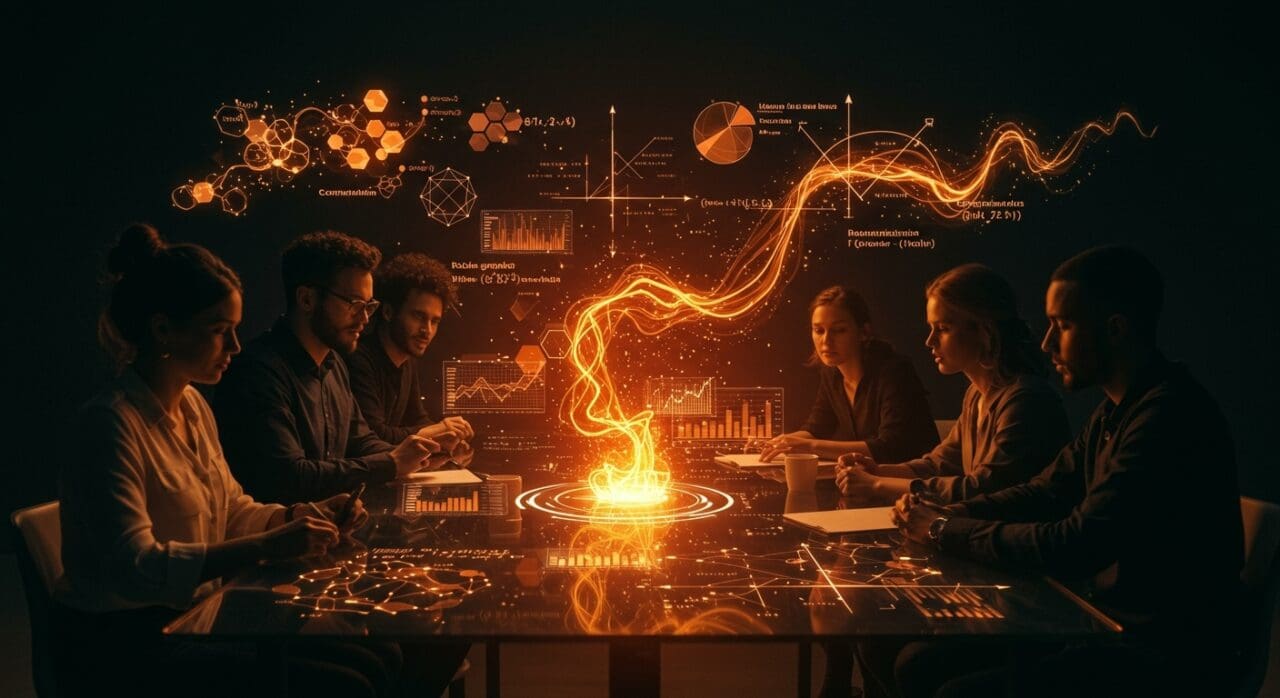 Grupo de emprendedores colaborando con modelos matemáticos de complejidad Rademacher y competencia grupal para optimizar cooperación en startups.