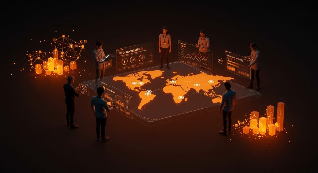 Equipo de founders colaborando con interfaz digital que muestra expansión regional SaaS y crecimiento startup en LATAM.