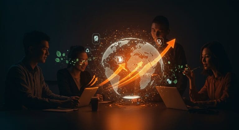 Grupo de startups innovadoras colaborando globalmente con inteligencia artificial y sostenibilidad en concurso Venture-Z.