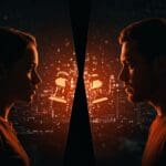 Conflicto legal entre startups Elevva y BodyTrainer en Latam representado por dos emprendedores divididos por un muro digital, simbolizando adquisiciones y desafíos legales.