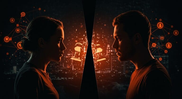 Conflicto legal entre startups Elevva y BodyTrainer en Latam representado por dos emprendedores divididos por un muro digital, simbolizando adquisiciones y desafíos legales.