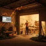 Construcción ecológica y startups sostenibles en LATAM visualizadas a través de un emprendedor transformando un garage en un negocio multimillonario.