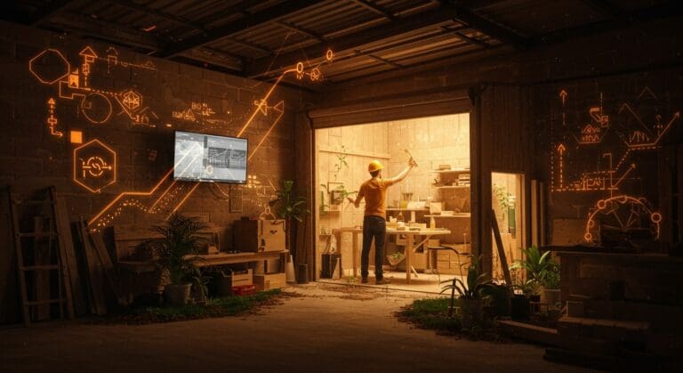 Construcción ecológica y startups sostenibles en LATAM visualizadas a través de un emprendedor transformando un garage en un negocio multimillonario.