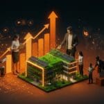 Equipo de emprendedores colaborando en construcción ecológica innovadora, representando sostenibilidad y escalabilidad startup en tecnologías limpias.