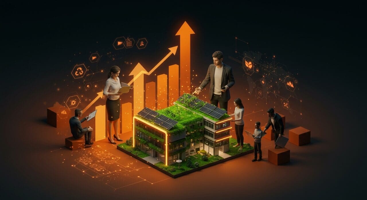 Equipo de emprendedores colaborando en construcción ecológica innovadora, representando sostenibilidad y escalabilidad startup en tecnologías limpias.