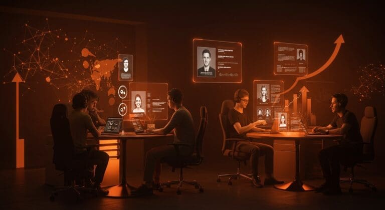 Contratación eficiente en estudio indie con desarrolladores y fundadores colaborando, resaltando procesos humanos y tecnológicos en reclutamiento startup.