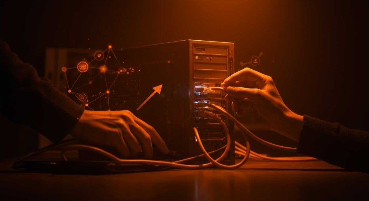 Transformación de PC antigua en NAS para startups, optimizando almacenamiento en red con soluciones DIY en ambiente tecnológico naranja y negro.