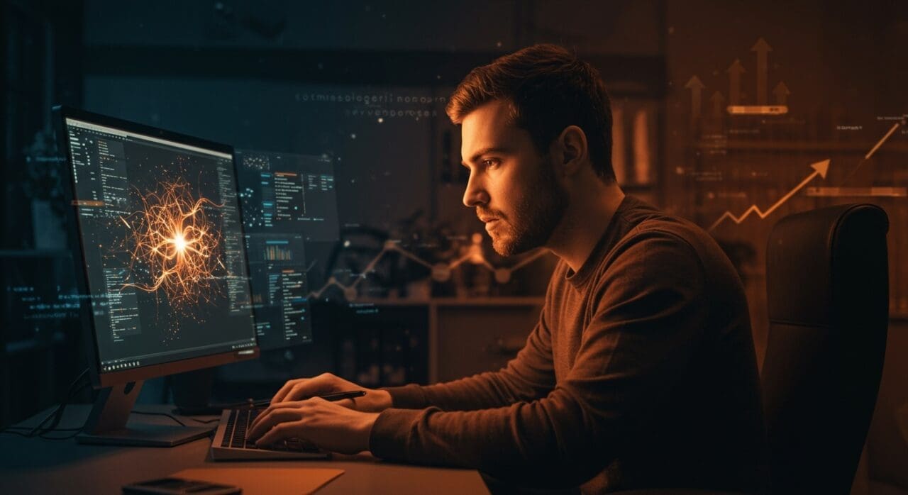 Front End Engineer trabajando en interfaz futurista con redes neuronales, destacando inteligencia artificial aplicada en startups tecnológicas Y Combinator.