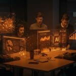 Emprendedores tecnológicos colaborando en aceleración de startups con inteligencia artificial en Valle del Cauca.