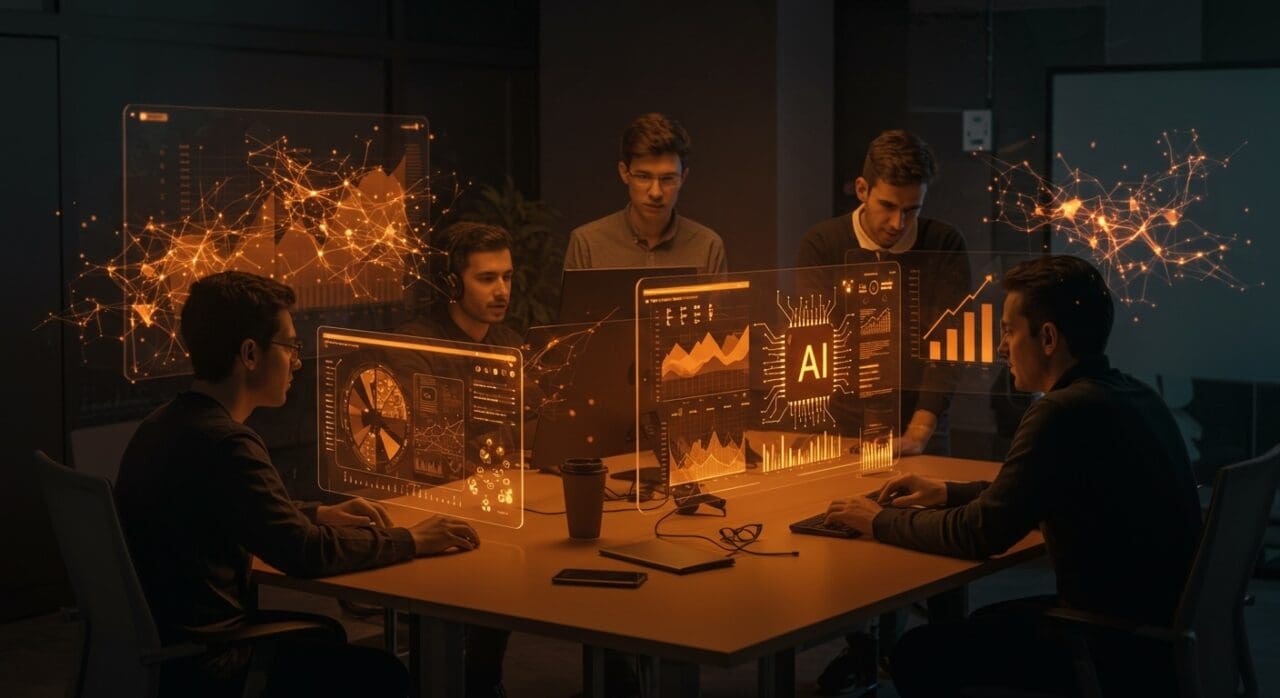 Emprendedores tecnológicos colaborando en aceleración de startups con inteligencia artificial en Valle del Cauca.