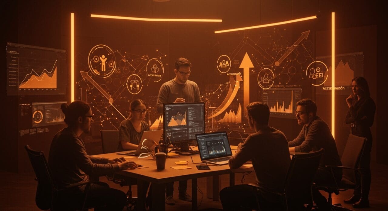 Startup en aceleración y escalado con mentoría y recursos en Tech FabLab Comunitat Valenciana, destacado con simbolismos de innovación y tecnología.