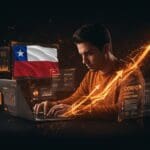 Founder de startup chileno trabajando con interfaces digitales que muestran las convocatorias CORFO 2025 para financiamiento e innovación en emprendimiento.