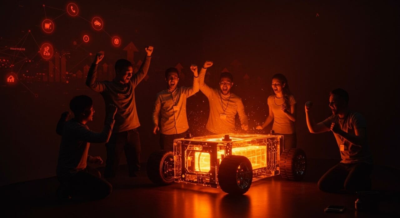 Equipo de startup Coreshell Technologies celebrando innovación en baterías para vehículos eléctricos en la Copa Mundial de Startups, con metáforas visuales de financiamiento y tecnología limpia.