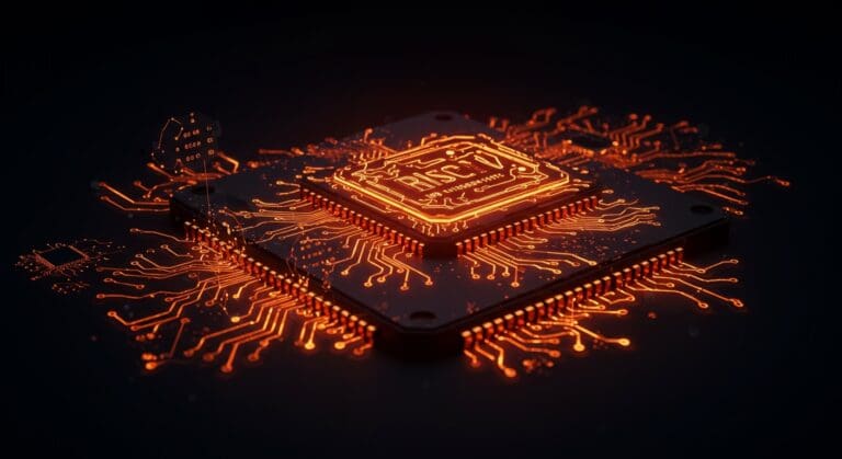 Primer plano de CPU determinista con circuitos en naranja y negro, simbolizando rendimiento predecible en IA y hardware confiable.