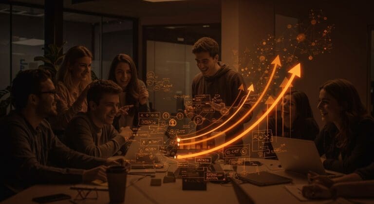 Grupo de emprendedores estudiantes colaborando en Móstoles en concurso de startups fomentando la innovación y proyectos empresariales.