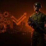 Soldado de la reserva canadiense en un entorno urbano-tecnológico, simbolizando resiliencia y reclutamiento militar con enfoque en startups y defensa.