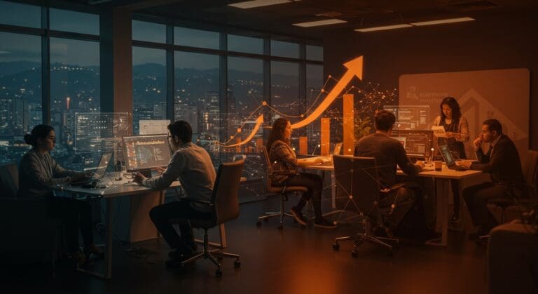 Crecimiento del ecosistema startups en Medellín con emprendedores colaborando en un centro de innovación bajo luces color naranja y negro.