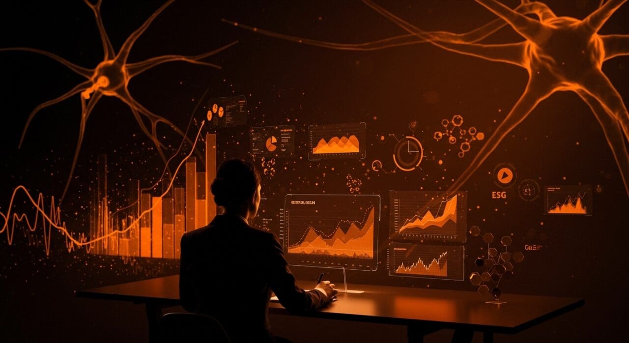 Líder empresarial con holograma de inteligencia artificial y datos ESG para cumplimiento regulatorio en LATAM, simbolizando tecnología y sostenibilidad.