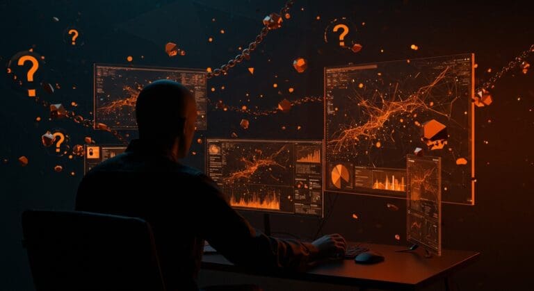 Figura oscura analizando informes de inteligencia artificial en ciberseguridad, destacando crítica y escepticismo en reportes técnicos.