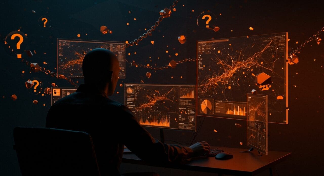 Figura oscura analizando informes de inteligencia artificial en ciberseguridad, destacando crítica y escepticismo en reportes técnicos.