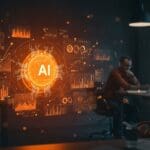 Asistente de IA brillante con gráficos financieros holográficos y emprendedores discutiendo rondas de inversión en financiación de startups tecnológicas.