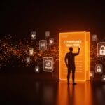 Figura contemplativa frente a archivo digital brillante representando la privacidad digital y el legado cypherpunk en activismo tecnológico.