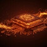 Integración heterogénea 3D en semiconductores impulsada por DARPA y Texas representada en un chip tecnológico avanzado con energía y abstracción geométrica.