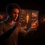 Figura humana analizando modelos de IA en un entorno digital que representa los desafíos humanos en la evaluación de IA aplicada en empresas.