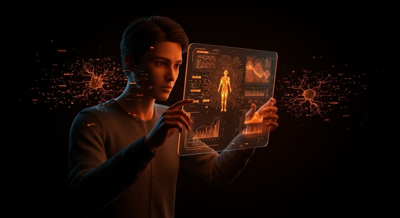 Figura humana analizando modelos de IA en un entorno digital que representa los desafíos humanos en la evaluación de IA aplicada en empresas.