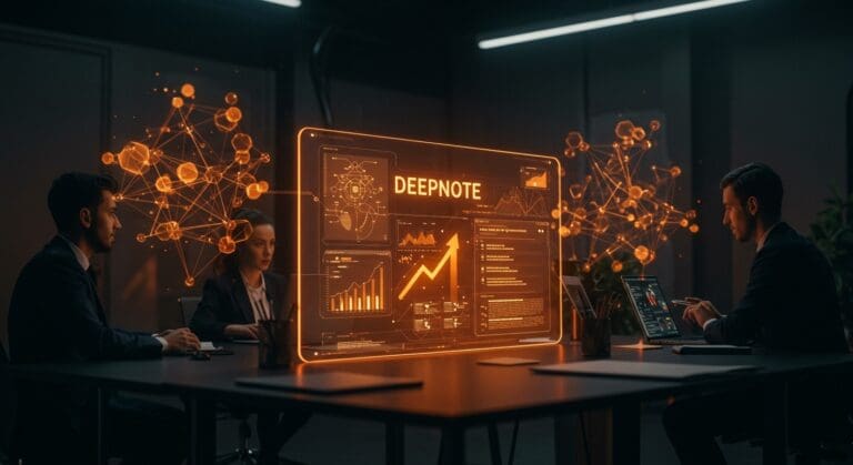 Plataforma Deepnote mostrando colaboración en notebooks con integración de IA y código abierto en espacio tecnológico moderno.