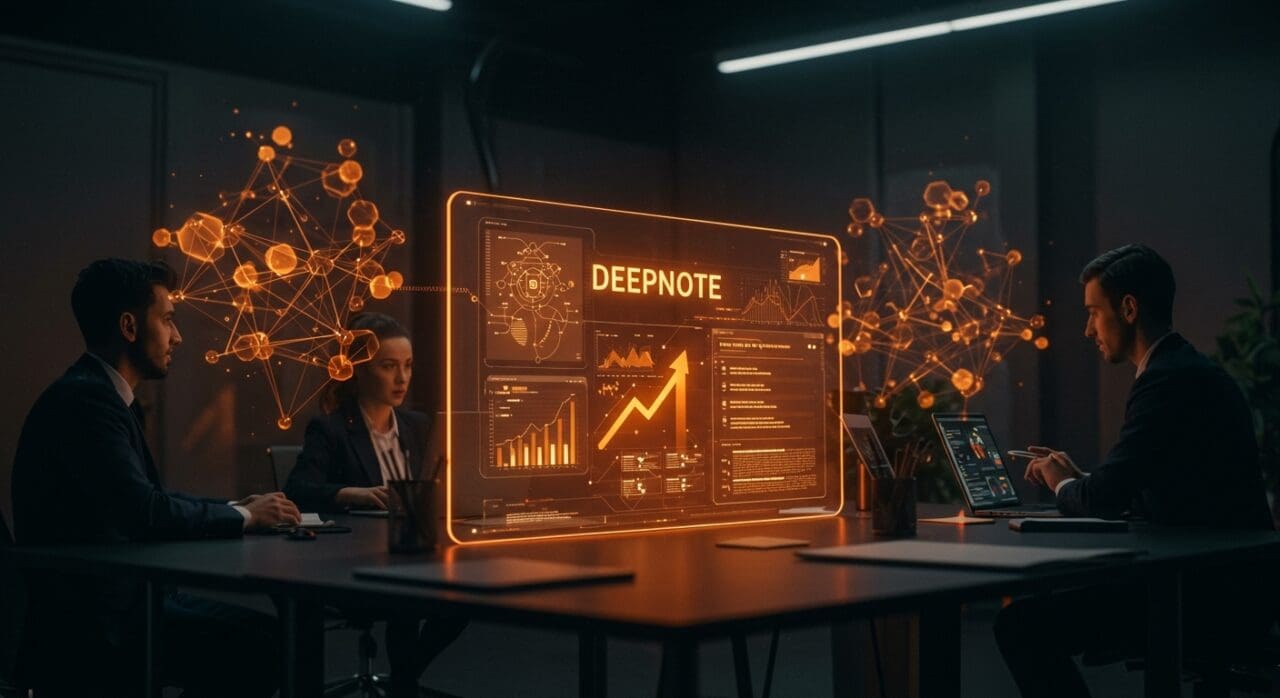 Plataforma Deepnote mostrando colaboración en notebooks con integración de IA y código abierto en espacio tecnológico moderno.