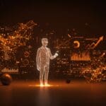 Visualización de IA aplicada al razonamiento matemático auto-verificable con hologramas y redes neuronales en paleta Ecosistema Startup.