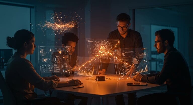 Fundadores de SaaS colaborando con visualizaciones digitales de IA y monetización en entorno tecnológico, simbolizando desafíos y alianzas estratégicas.