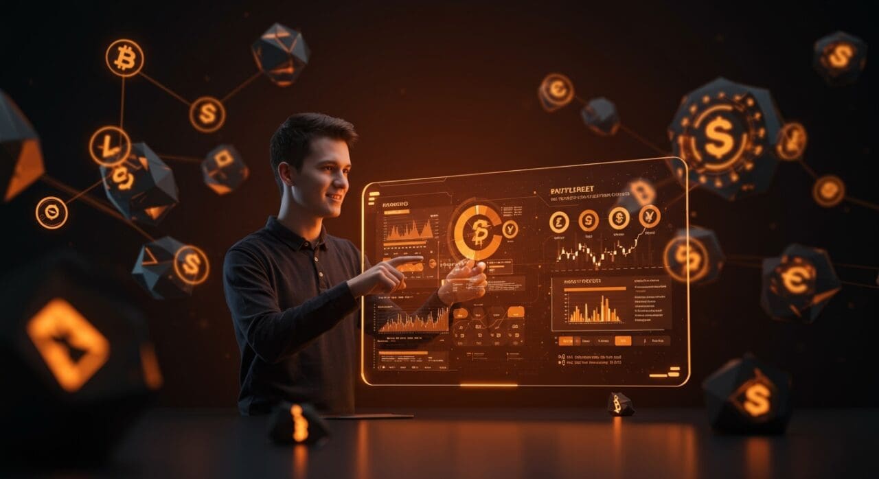 Nómina en criptomonedas para startups mostrando flujo financiero digital y tecnología blockchain en paisaje futurista.