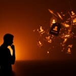 Silhouette contemplative in front of floating domain tags visualizing desconfianza en nuevos TLDs y tendencias en branding digital para startups.