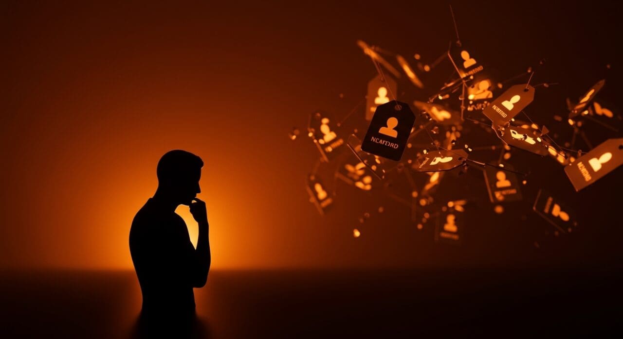 Silhouette contemplative in front of floating domain tags visualizing desconfianza en nuevos TLDs y tendencias en branding digital para startups.