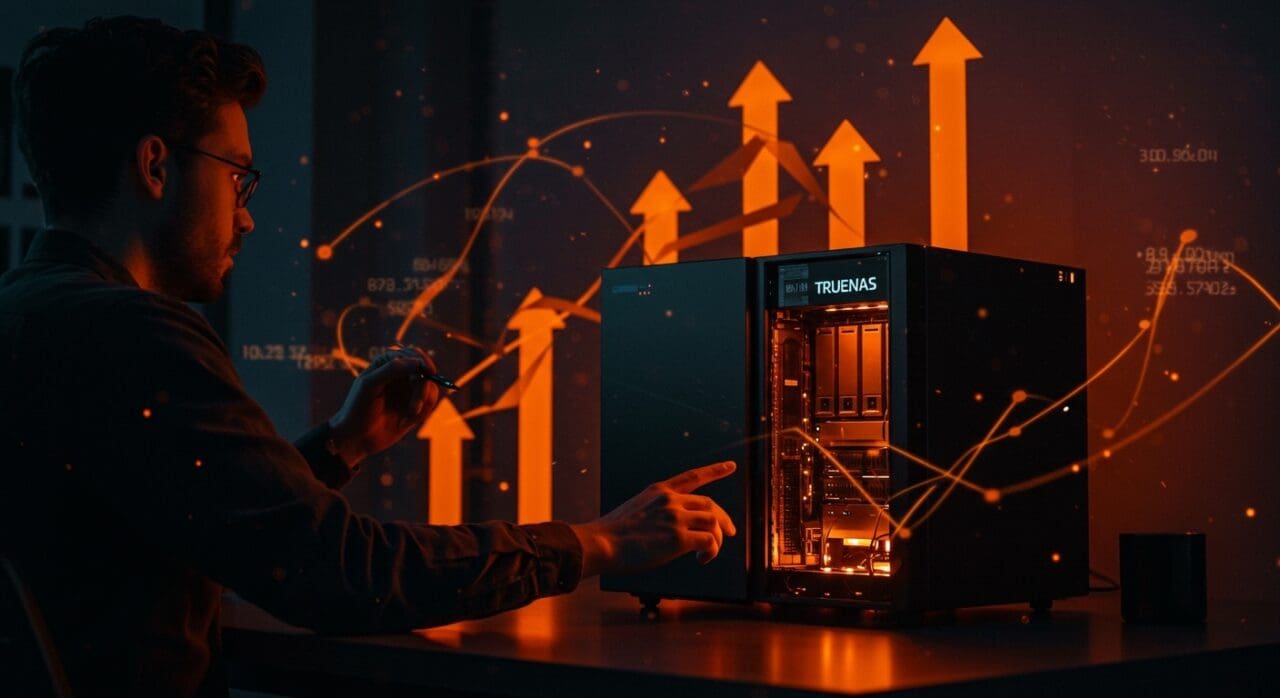 Founder configurando un DIY NAS eficiente en un homelab tecnológico con ambientación en tonos naranja y negro, destacando hardware y conectividad para startups.
