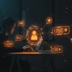 Desarrollador trabajando con workflows de tareas en segundo plano y automatización en Django 6.0 con estética startup naranja y negra.