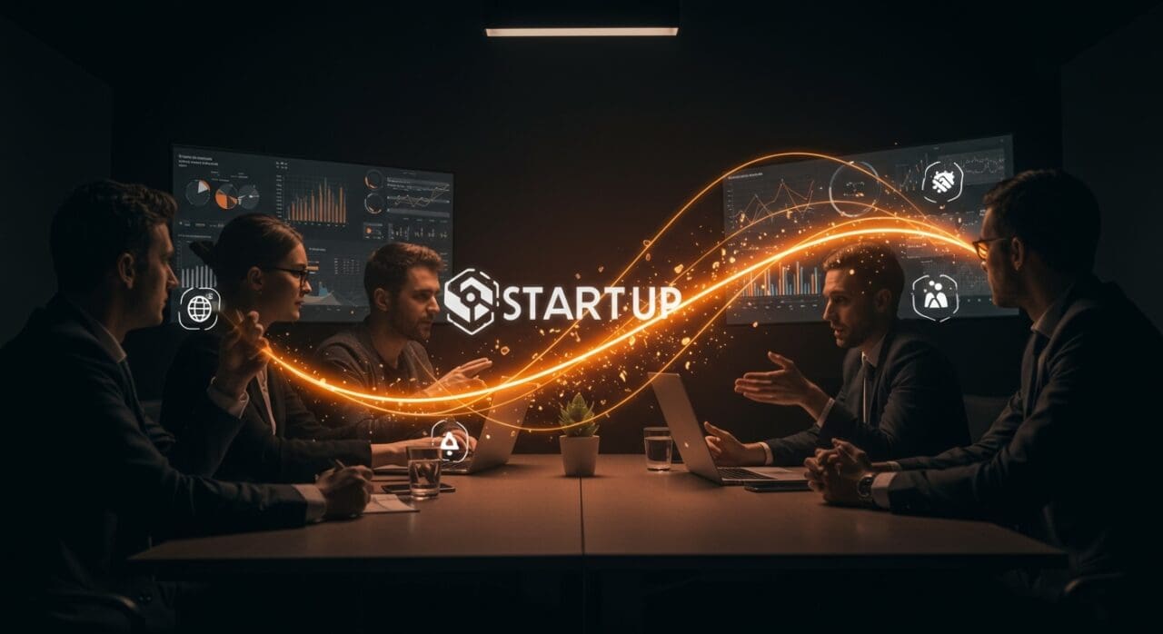 Evaluación rigurosa y transparencia en financiación startup resaltada con inversores analizando datos financieros y metáforas de fraude e inversión tech en estilo editorial cinematográfico.