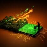 Economía verde en la Amazonía representada por un bosque fusionado con circuitos tecnológicos, destacando sostenibilidad y oportunidades para startups.