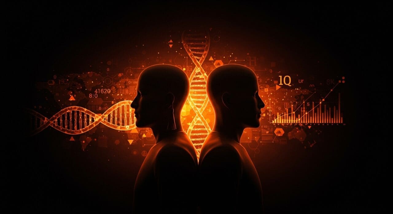 Gemelos idénticos separados con diferencias de IQ influenciadas por la educación y factores ambientales en estudio de inteligencia.