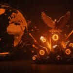 Inversión de EE.UU. en startups de tierras raras representada por águila americana sobre cristales brillantes simbolizando independencia tecnológica frente a China.