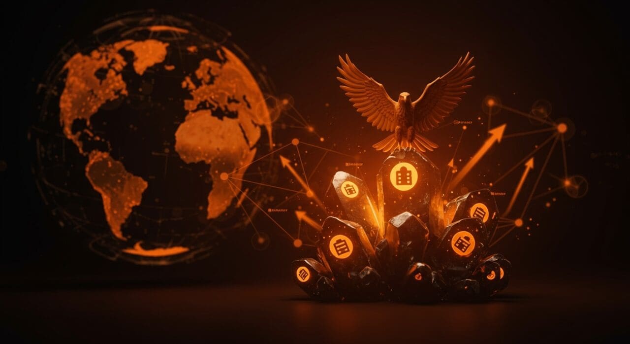 Inversión de EE.UU. en startups de tierras raras representada por águila americana sobre cristales brillantes simbolizando independencia tecnológica frente a China.