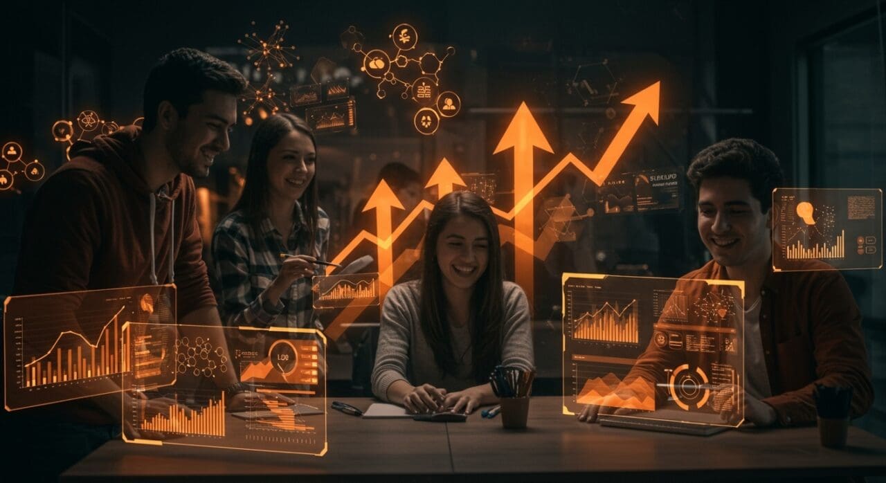 Egresados de la Universidad de Chile liderando startups innovadoras en un ambiente tecnológico con metáforas de fintech, deeptech y emprendimiento.