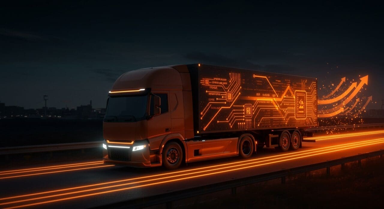 Camión autónomo futurista representando innovación en tecnología de movilidad y financiamiento startup mediante SPAC.