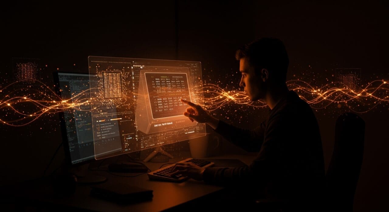 Emulación de UNIX antiguo en hardware moderno mostrando una interfaz vintage holográfica y un desarrollador interactuando en un entorno tecnológico startup.